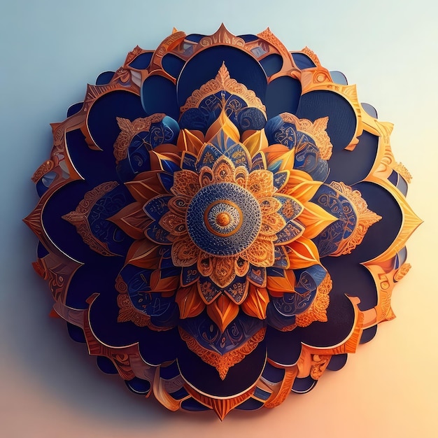 3D illustratie van een mandala in oranje en blauwe kleuren