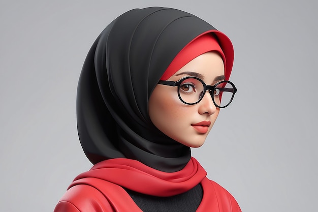 3D-illustratie van een meisje in rode kleren, zwarte hijab en een bril.