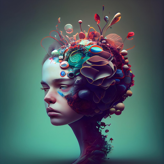 3D illustratie van een mooi meisje met een kleurrijk kapsel