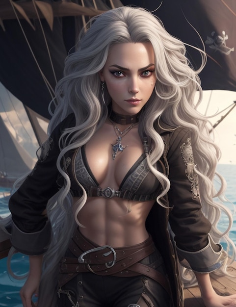 3D illustratie van een mooie fantasievrouw met lang blond haar in een piratenkostuum