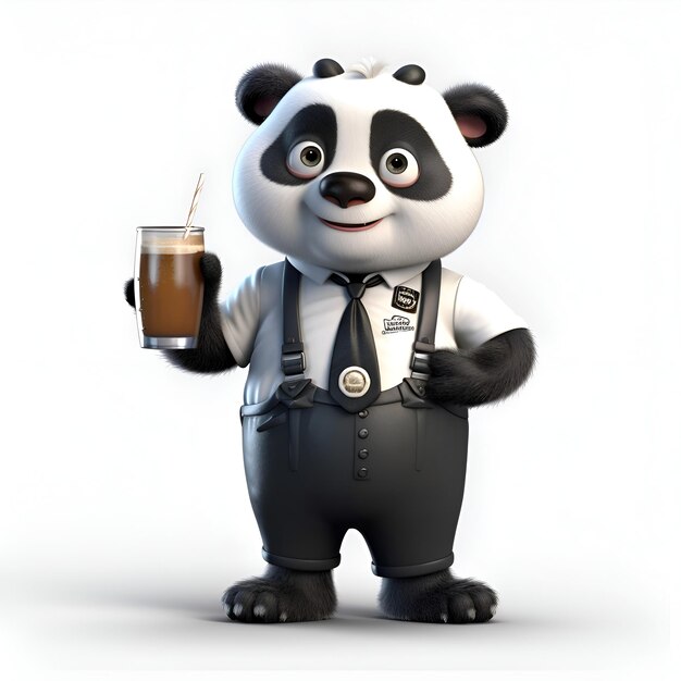 Foto 3d-illustratie van een panda-kelner met een kop koffie