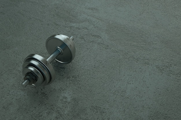 3D illustratie van een realistische metalen halter liggend op een grijze vloer Object dumbbells