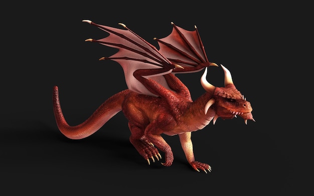 3D illustratie van een rode fantasie draak poseren geïsoleerd op zwarte achtergrond met uitknippad.