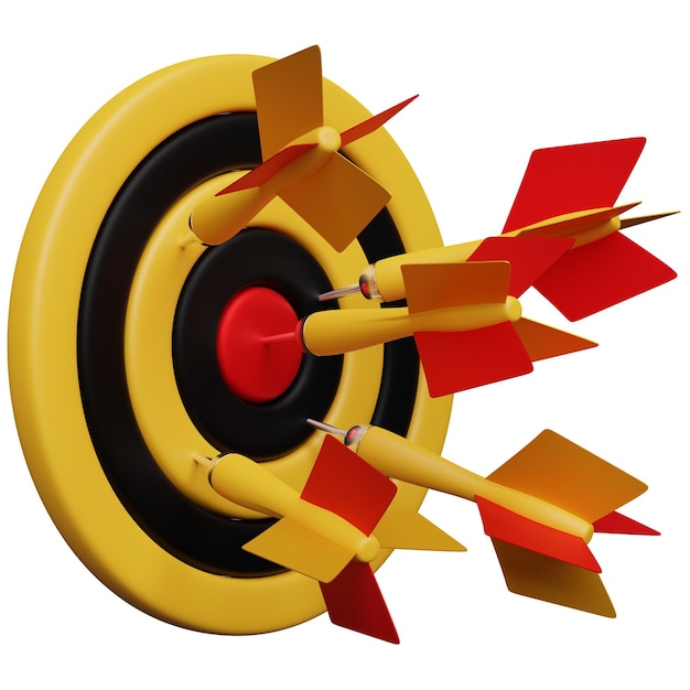 3d illustratie van een rond geel en zwart doel met een pijl op een witte geïsoleerde achtergrond succes abstract pin logo darts game