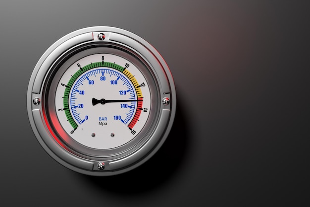 3d illustratie van een ronde barometer met markeringen tot 160 op een zwarte geïsoleerde background