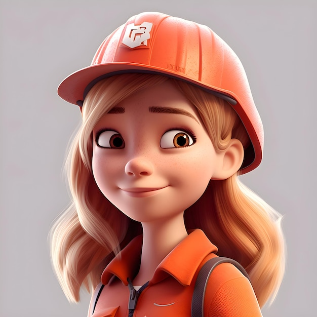 3D-illustratie van een schattig cartoon meisje in een bouwhelm