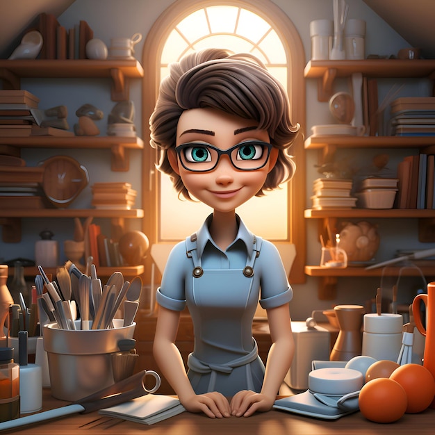 3D illustratie van een schattig cartoonmeisje in de keuken thuis