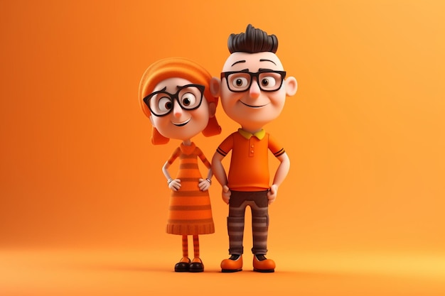 3D-illustratie van een schattig cartoonpaar dat samen staat met een oranje achtergrond