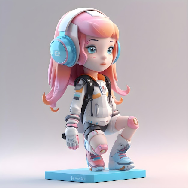 3D illustratie van een schattig klein astronautenmeisje met koptelefoon