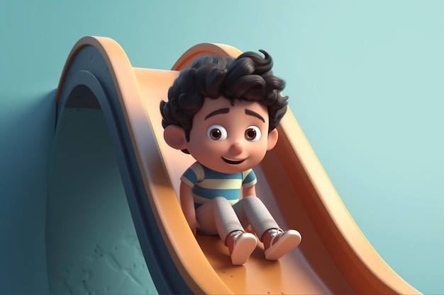 3D-illustratie van een schattig tekenfilmpersonage dat op een dia zit