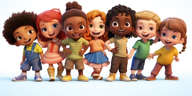 3D-illustratie van een schattige groep kinderen uit verschillende etnische groepen