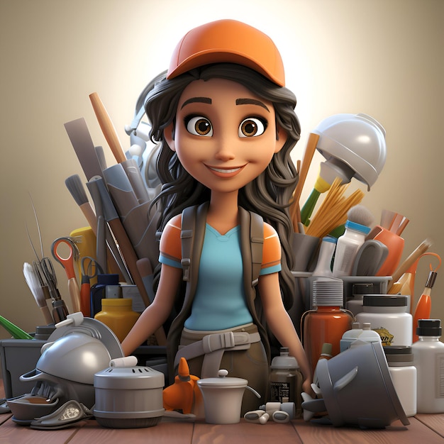 3D-illustratie van een schattige vrouwelijke bouwvakker met veel gereedschap