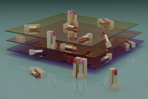 Foto 3d illustratie van een set lippenstiften op glazen oppervlakken mode cosmetica make-up ontwerp achtergrond