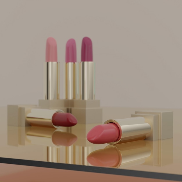 Foto 3d illustratie van een set lippenstiften op glazen oppervlakken mode cosmetica make-up ontwerp achtergrond