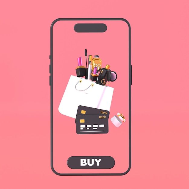 3D illustratie van een smartphone een tas met cosmetica bankkaarten op een rode achtergrond