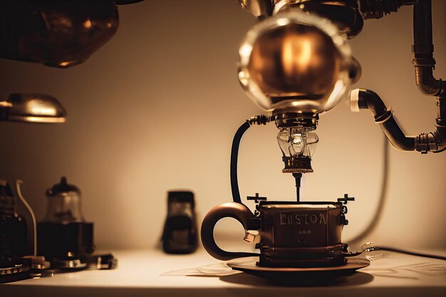 3D illustratie van een steampunk-espressomachine