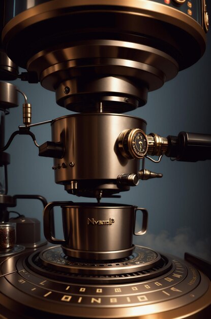 Foto 3d-illustratie van een steampunk koffiemachine close-up