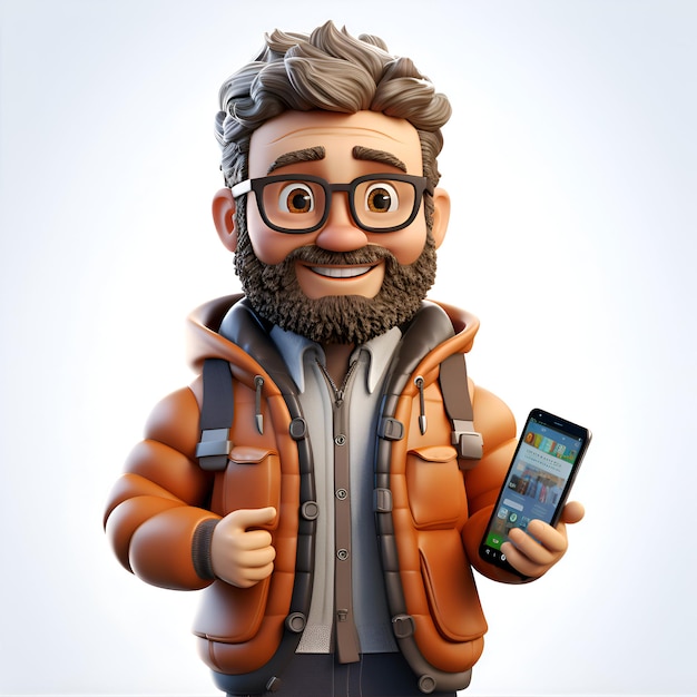 Foto 3d-illustratie van een stijlvolle man met een rugzak en mobiele telefoon