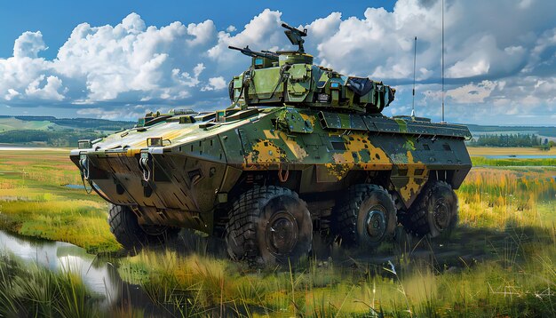 Foto 3d-illustratie van een tank in het veld met blauwe lucht