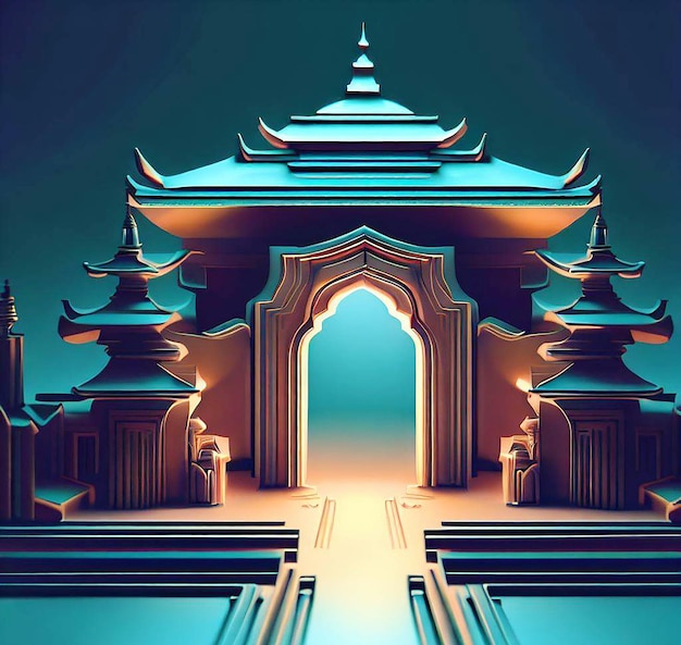 3D illustratie van een tempel met een poort in het midden