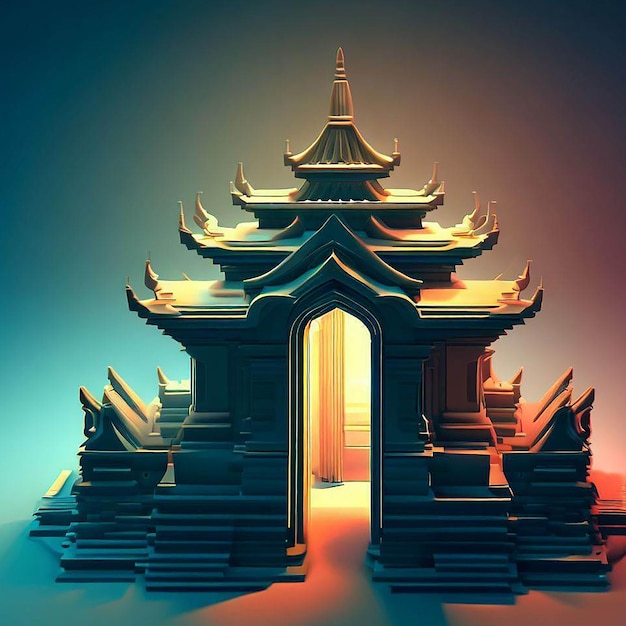 3D illustratie van een tempel met een poort in het midden
