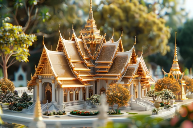 Foto 3d-illustratie van een thaise tempelmodel in bokeh-stijl achtergrond