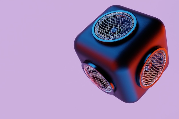 3d illustratie van een vierkante kolom met een muzikale spreker op een zwarte geïsoleerde achtergrond Audiosysteem met luidsprekers voor concerten en feesten