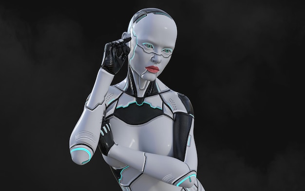 3D illustratie van een vrouw AI cyborg pose op zwarte achtergrond met uitknippad AI project