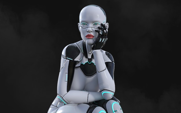 3D illustratie van een vrouw AI cyborg pose op zwarte achtergrond met uitknippad AI project