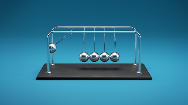 3D illustratie van een wieg van Newton, chromen metalen bollen met reflecties in botsende beweging