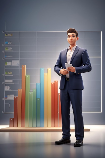 3D illustratie van een zakenman of werknemer die de winst van het bedrijf presenteert op een staafdiagram