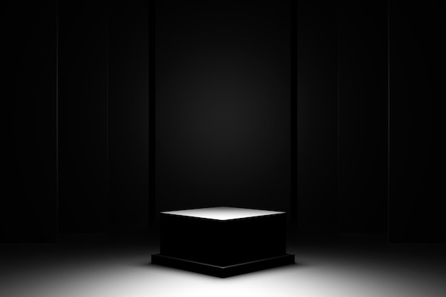3d illustratie van een zwart vierkant podium onder wit licht op een zwarte achtergrond. 3D-rendering. Geometrische minimalisme achtergrond