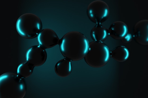 3d illustratie van een zwarte metaball met een groot aantal onderdelen op blauwe lichten.