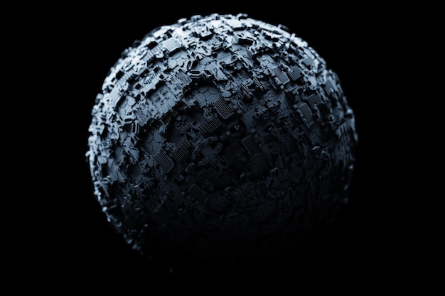 3D illustratie van een zwarte verlichtingsbal met veel gezichten op een zwarte achtergrond Cyberbalbol
