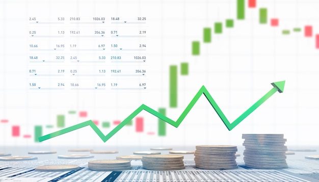 3d illustratie van financiële investering in de aandelenmarkt met munten