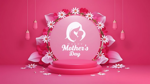 Foto 3d-illustratie van gelukkige moedersdag toon achtergrond met bloemdecoratie en podium