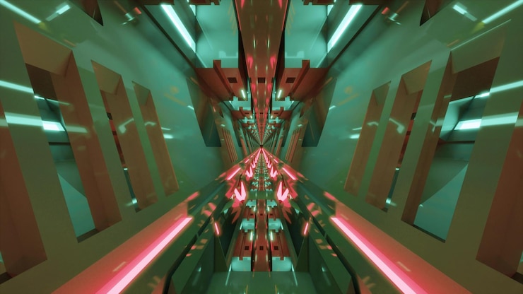 3D illustratie van geometrische gang met glanzende muren in 4K UHD kwaliteit