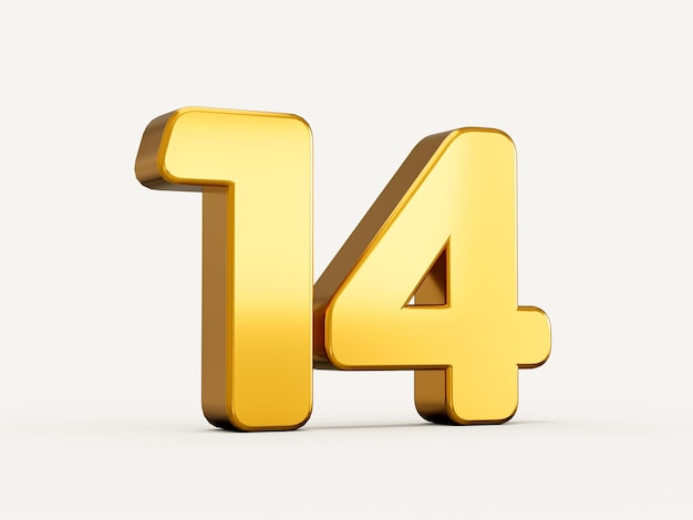 3d illustratie van gouden nummer 14 of veertien geïsoleerd op beige achtergrond met schaduw