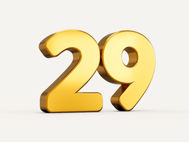 3d illustratie van gouden nummer 29 of negenentwintig geïsoleerd op beige achtergrond met schaduw