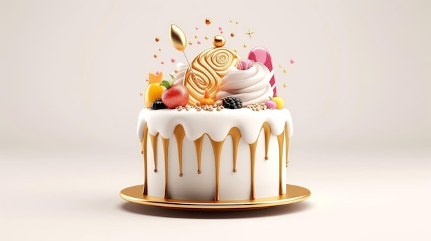 3d illustratie van gouden schattige verjaardagstaart, zoete cake voor een verrassingsverjaardag, voor jubileum en feest, moederdag, Valentijnsdag, cake, cupcake, generatieve AI-illustratie