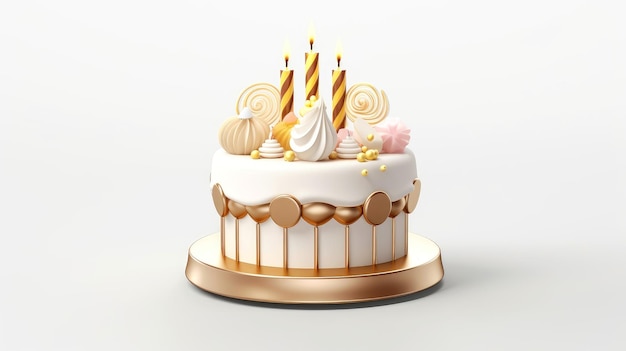 3d illustratie van gouden schattige verjaardagstaart, zoete cake voor een verrassingsverjaardag, voor jubileum en feest, moederdag, Valentijnsdag, cake, cupcake, generatieve AI-illustratie