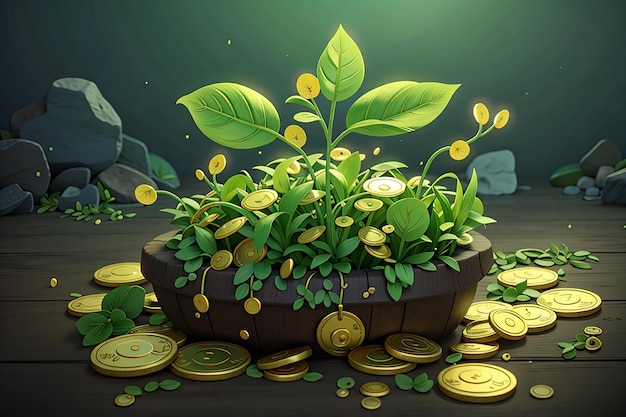 3D illustratie van groene spruit met gouden munten