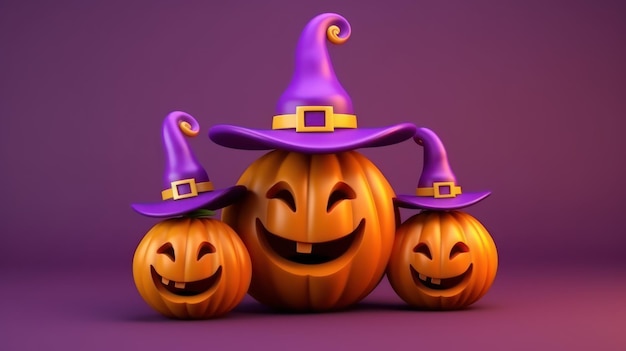3d illustratie van Halloween-pompoen die heksenhoed draagt