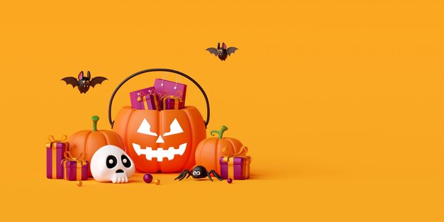 3d illustratie van Happy halloween-dagbanner met geschenkdoos in jack o lantern pompoenen schedelvleermuis en spin