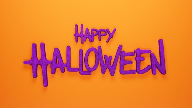 3D-illustratie van Happy Halloween paarse tekst op oranje podium viering en vakantie thema