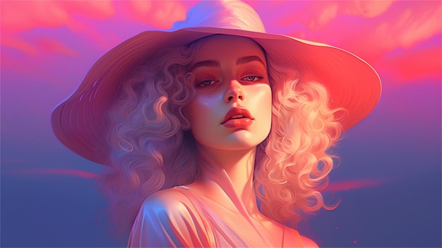 3D-illustratie van het hoofd van een vrouw met roze en blauw haar