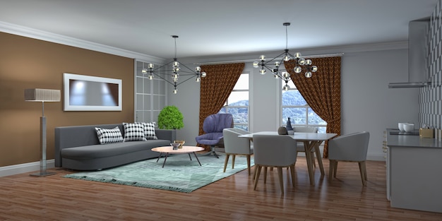 3D-illustratie van het interieur van de woonkamer