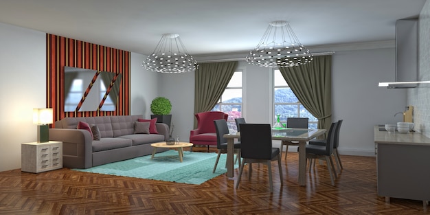 3D-illustratie van het interieur van de woonkamer