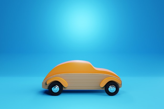 3d illustratie van het stuk speelgoed rode houten auto van een kind op de blauwe geïsoleerde achtergrond. Milieuvriendelijk speelgoed voor ouders en kinderen