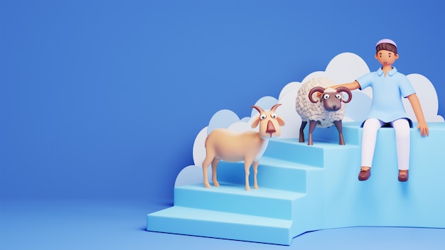 3D illustratie van jonge moslim jongen met een schaap met geit op trap blauwe achtergrond en kopie ruimte.